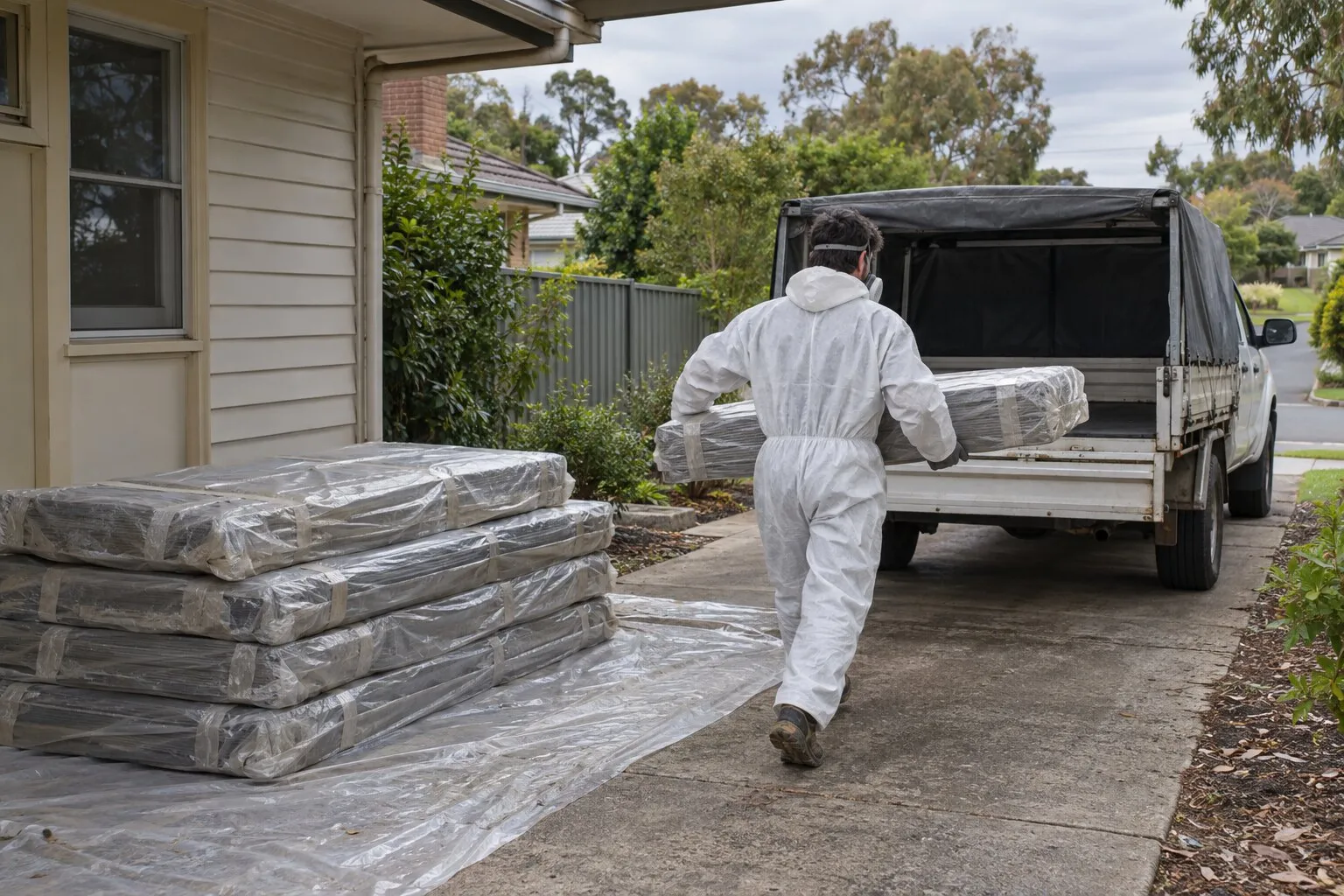 Asbestos disposal, Melbourne's east: a person in a disposable coverall and respirator carrying wrapped cement sheeting to a ute