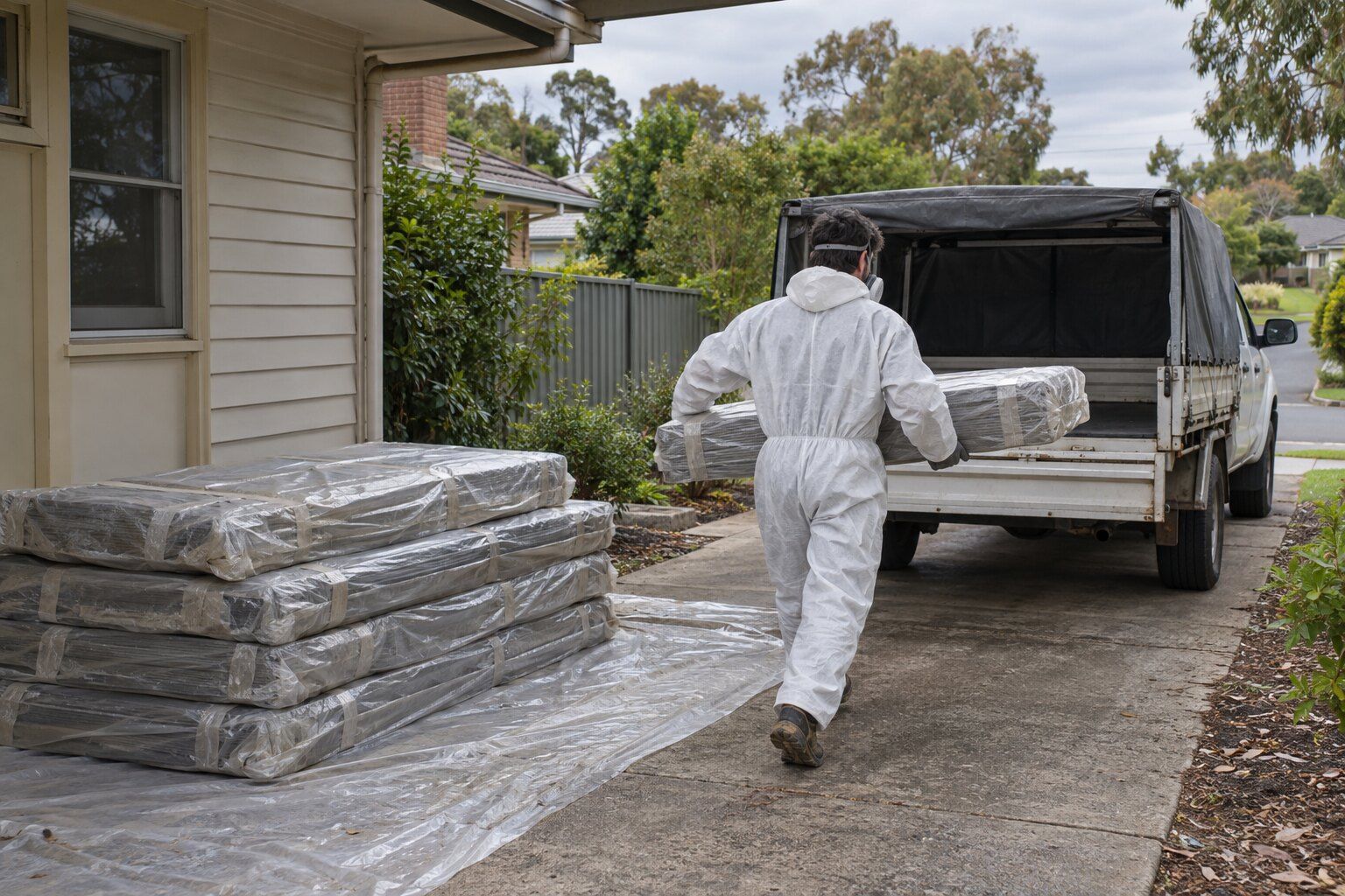 Asbestos disposal, Melbourne's east: a person in a disposable coverall and respirator carrying wrapped cement sheeting to a ute