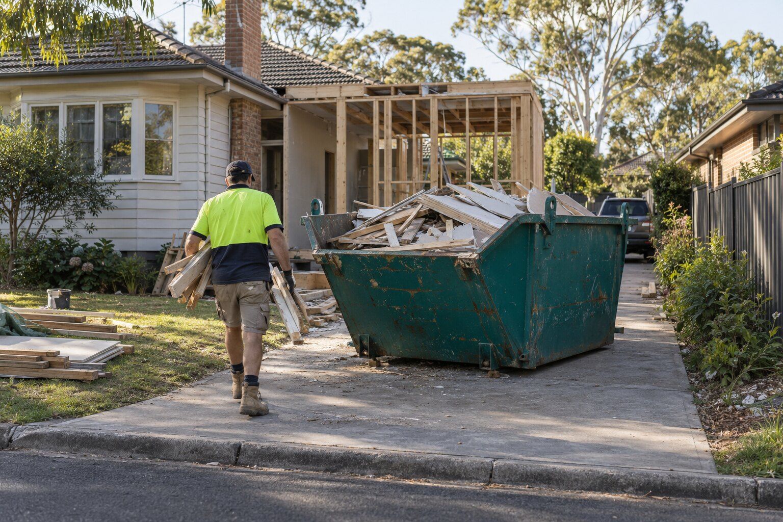 Construction skip bin, Templestowe: a large teal skip full of old weatherboards and plasterboard beside a house extension