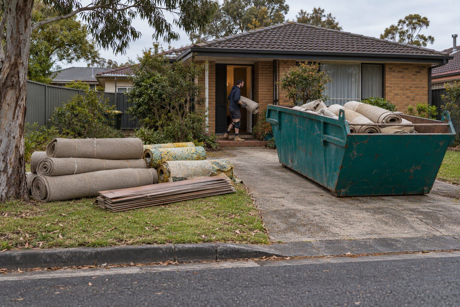 Carpet disposal, Melbourne's east: rolled and tied old carpet and underlay on a driveway beside a teal skip holding more rolls