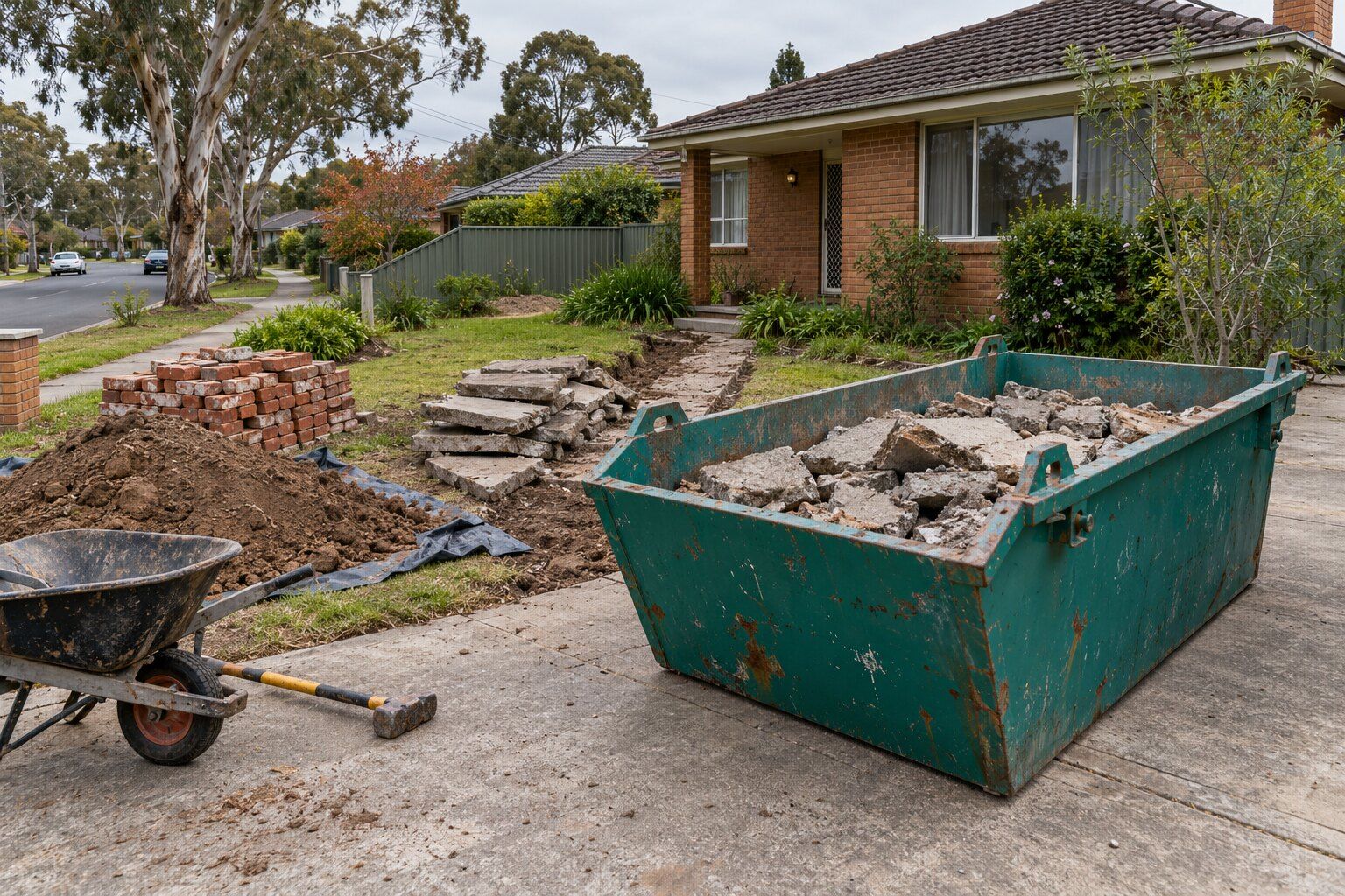 Concrete and soil disposal, Melbourne's east: a teal skip of broken concrete beside stacked slabs, red bricks and a soil mound