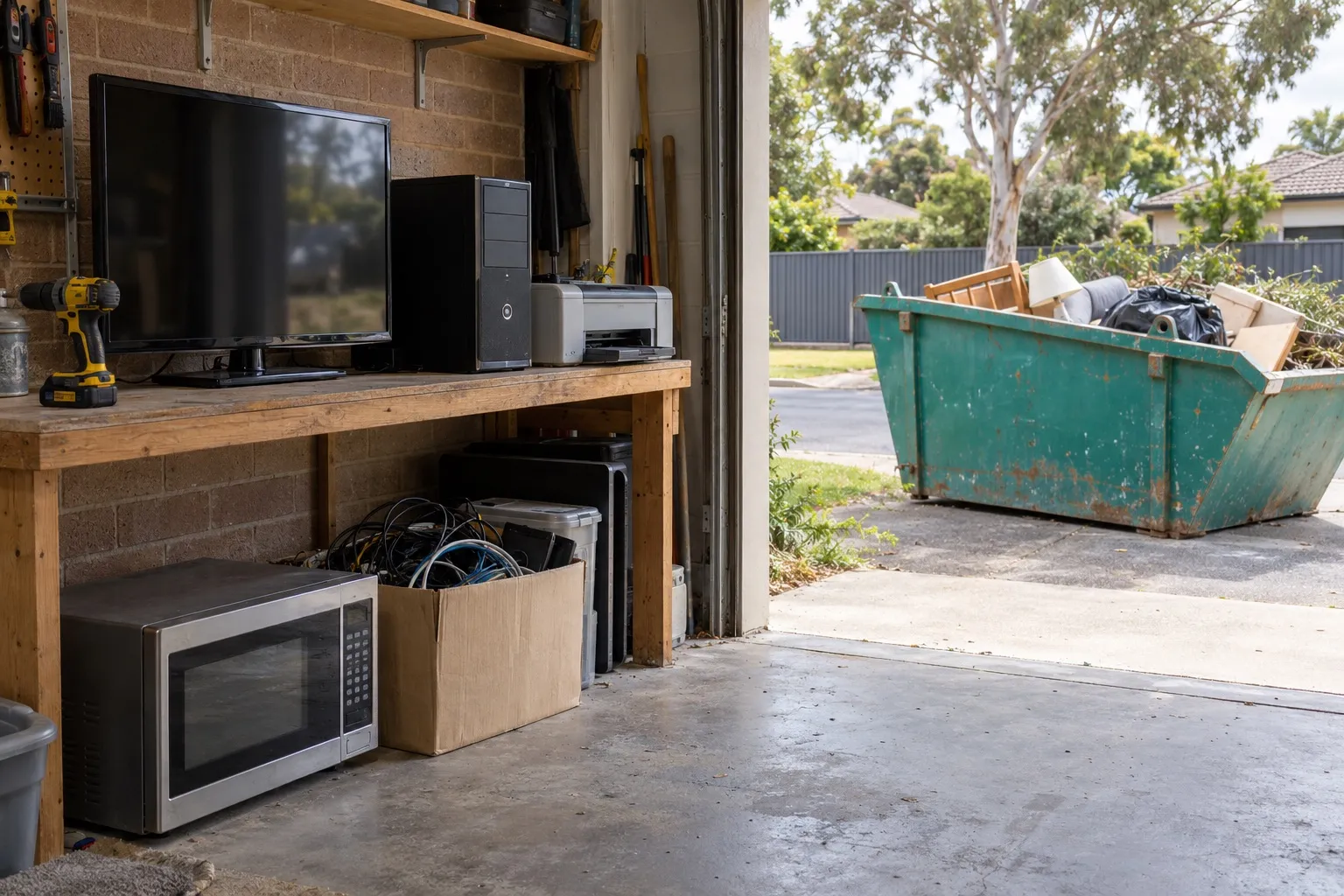E-waste disposal: an old television, computer and printer on a garage bench, a box of cables below