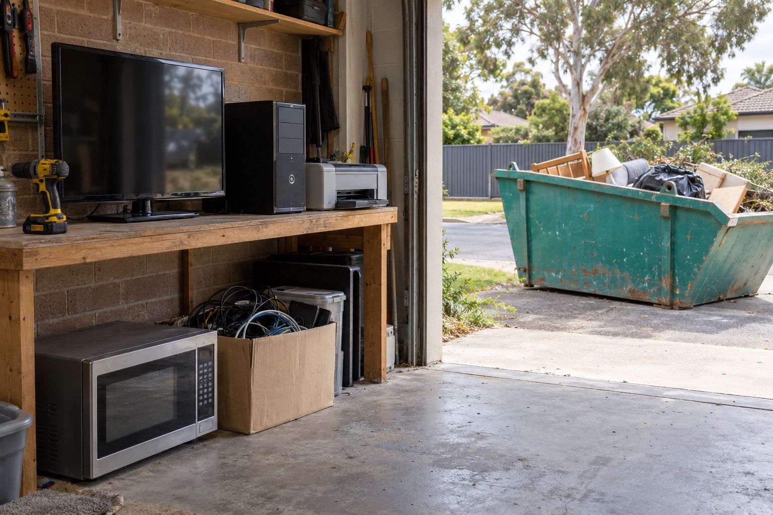 E-waste disposal: an old television, computer tower, printer and drill on a garage bench, a microwave and a box of cables below, a teal skip outside