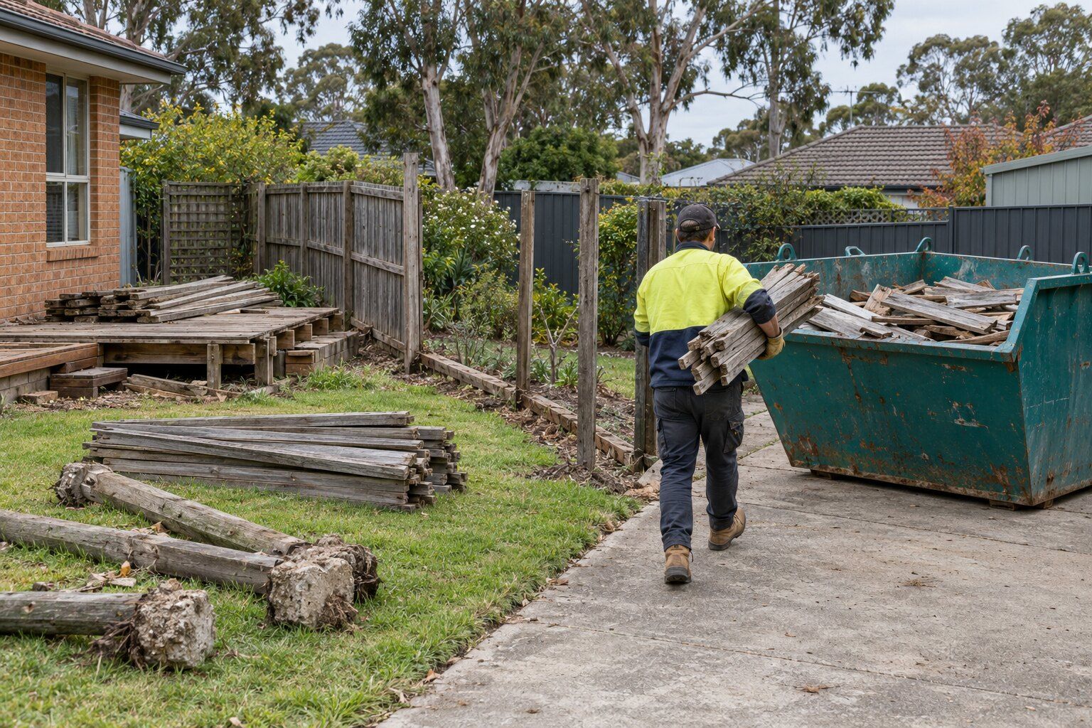 Old fence and deck disposal, Melbourne's east: a person carrying grey palings to a teal skip, old posts with concrete footings on the lawn
