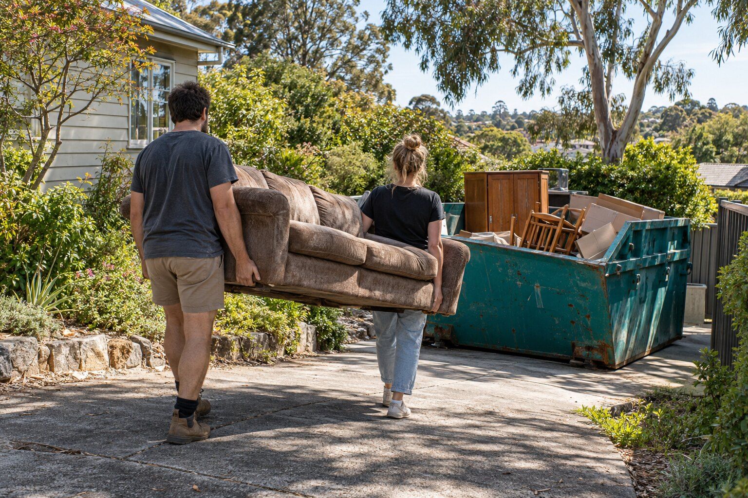 Furniture disposal, Melbourne's east: two people carrying an old couch down a driveway to a teal skip holding a wardrobe and chairs