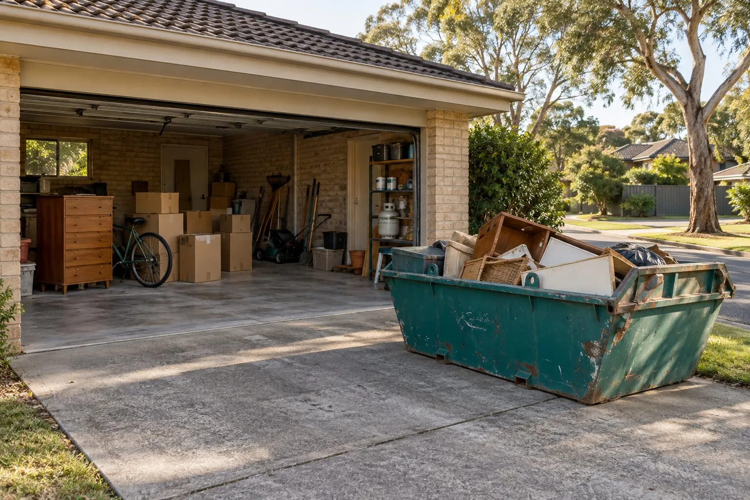 Garage and estate clean-out, Melbourne's east: a half-cleared double garage with a teal mini skip of old furniture on the driveway