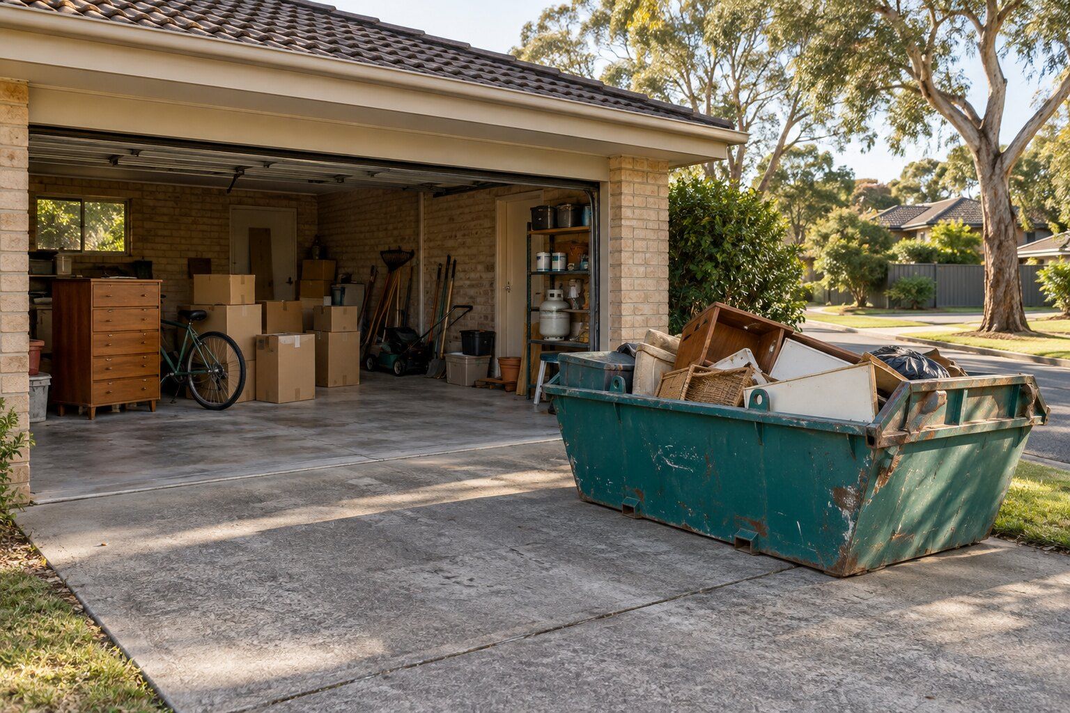 Garage and estate clean-out, Melbourne's east: a half-cleared double garage with a teal mini skip of old furniture on the driveway