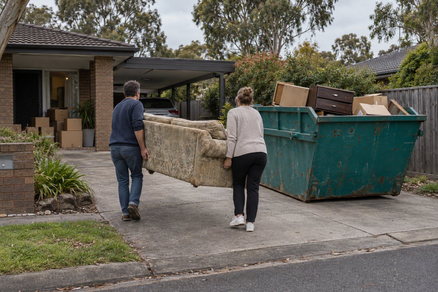General waste skip bin, Ringwood: two people carrying an old couch down a driveway to a teal skip already holding boxes