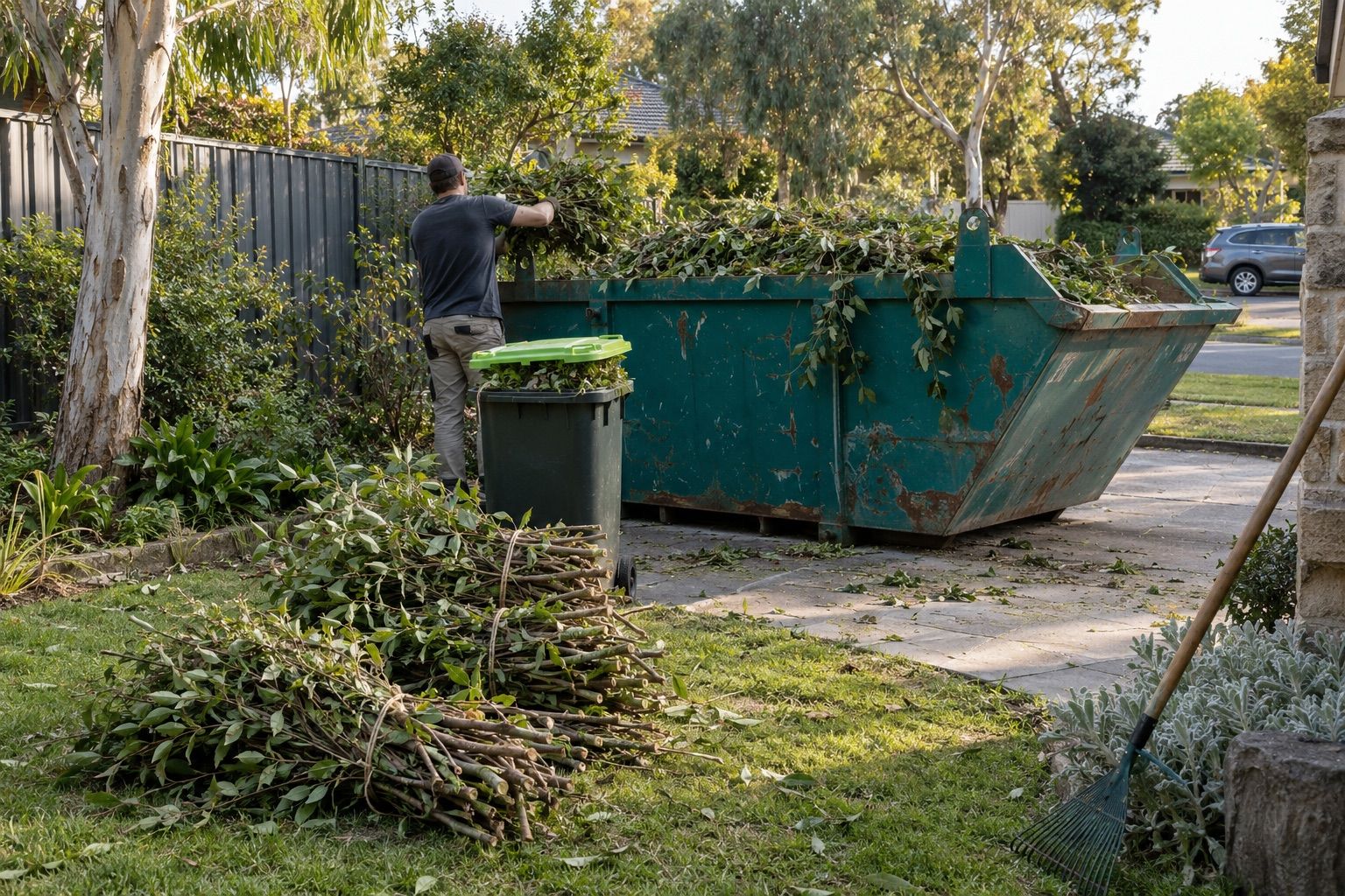 Green waste disposal: bundles of pruned branches tied with twine on a lawn, a lime-lidded garden bin, and a teal skip of hedge prunings on the driveway