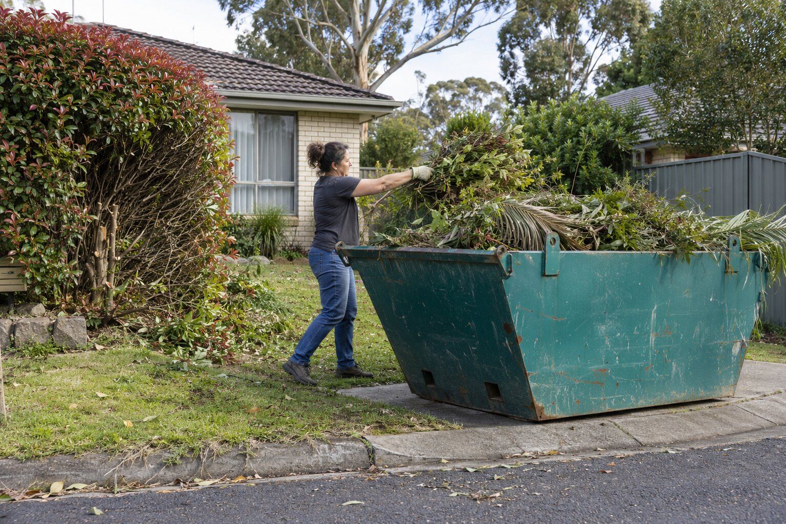 Green waste skip bin, Croydon: a person tossing hedge trimmings into a teal skip heaped with prunings and ivy