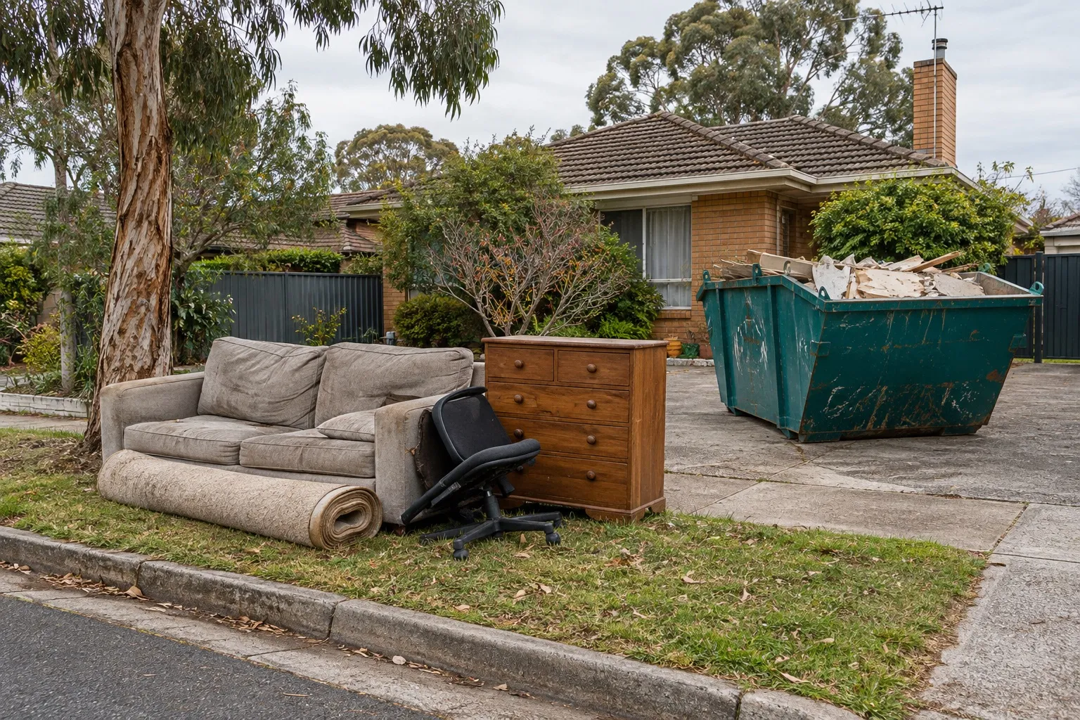 Hard rubbish collection: furniture and a rolled rug on a nature strip, a teal skip of renovation waste on the driveway behind