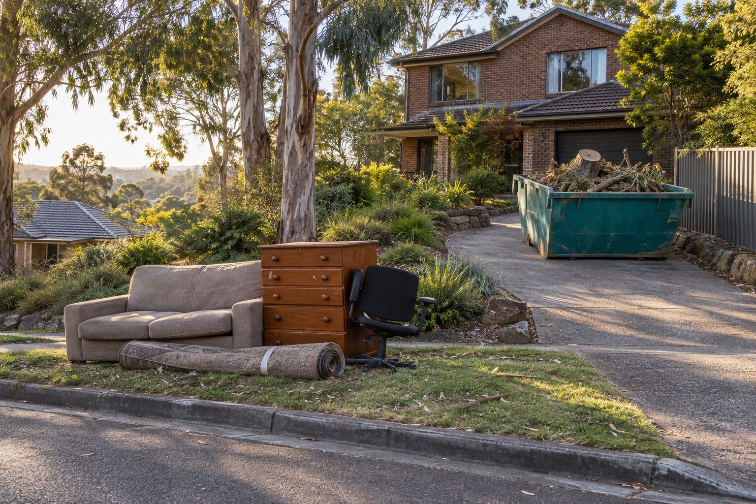 Manningham hard rubbish: a couch, drawers and a rolled rug on a grass verge below a brick home among gums, a teal skip of branches on the drive