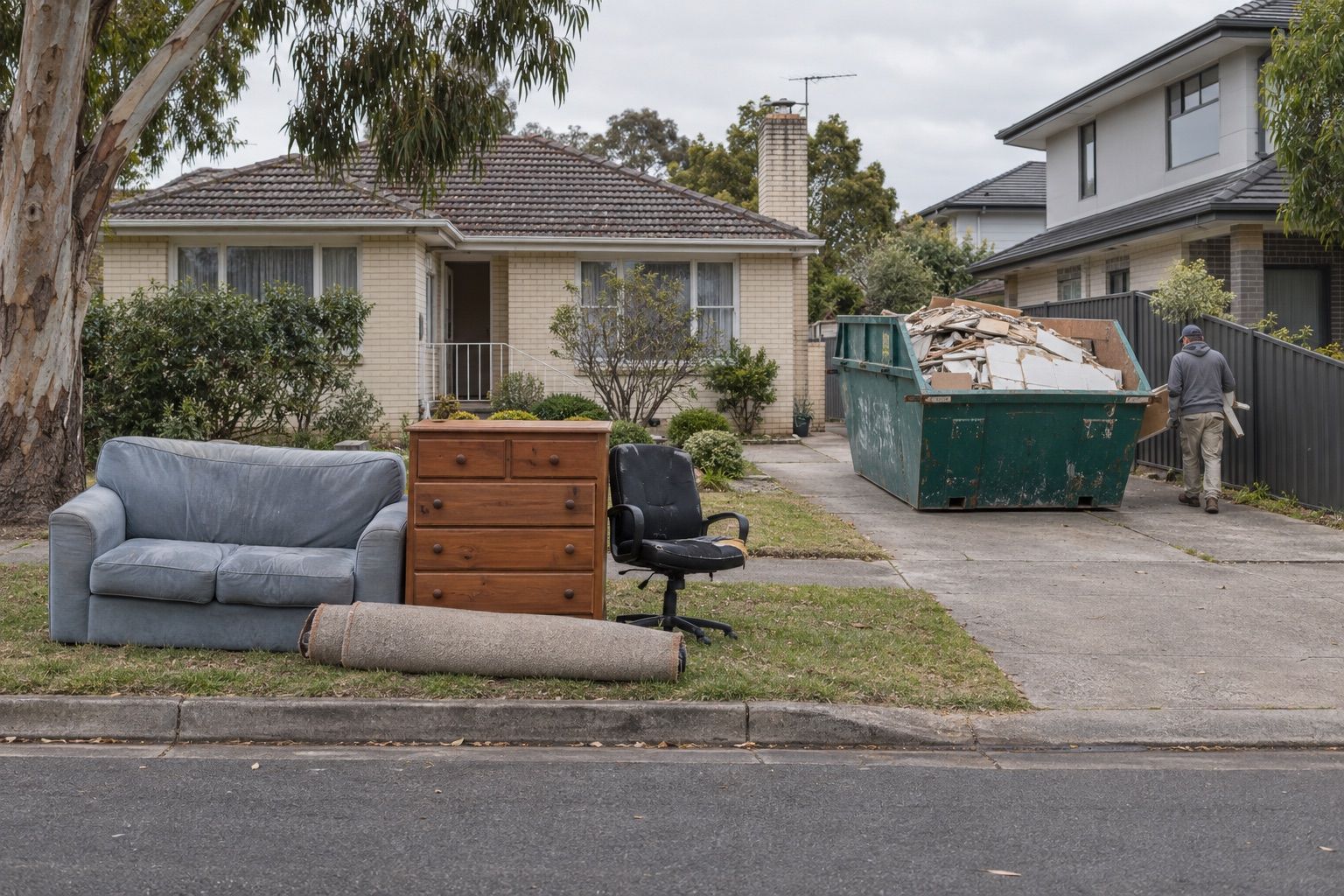 Monash hard rubbish: a couch, drawers and a rolled rug on a nature strip, a teal skip of an old kitchen on the driveway of a cream-brick house
