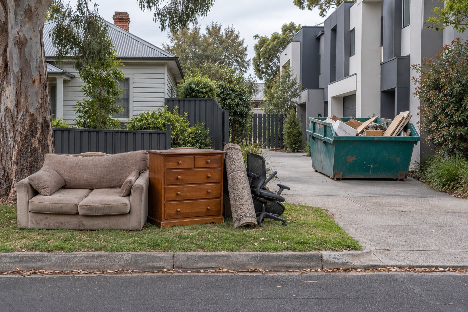 Whitehorse hard rubbish: a couch, drawers and a rolled rug on a nature strip outside new townhouses, a small teal skip on the shared driveway
