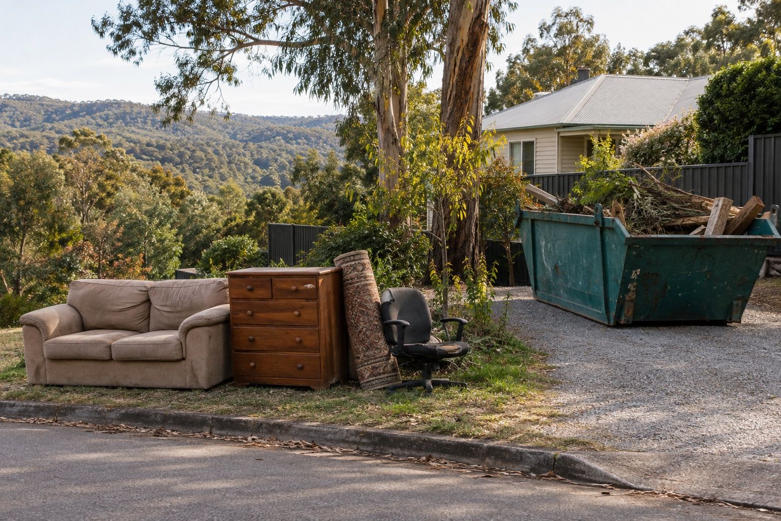 Yarra Ranges hard rubbish: a couch, drawers and a rug on a gravel verge, a teal skip of branches on the driveway, forested hills behind