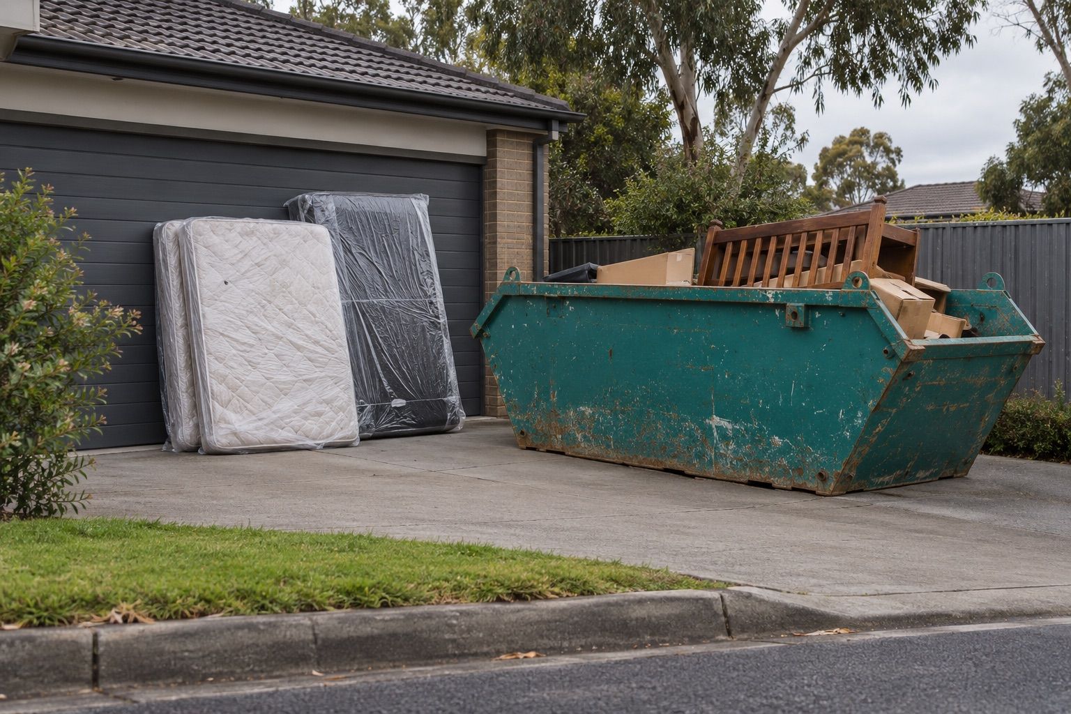 Mattress disposal: two old mattresses wrapped in plastic against a garage wall, beside a teal skip holding boxes and an old timber bed frame