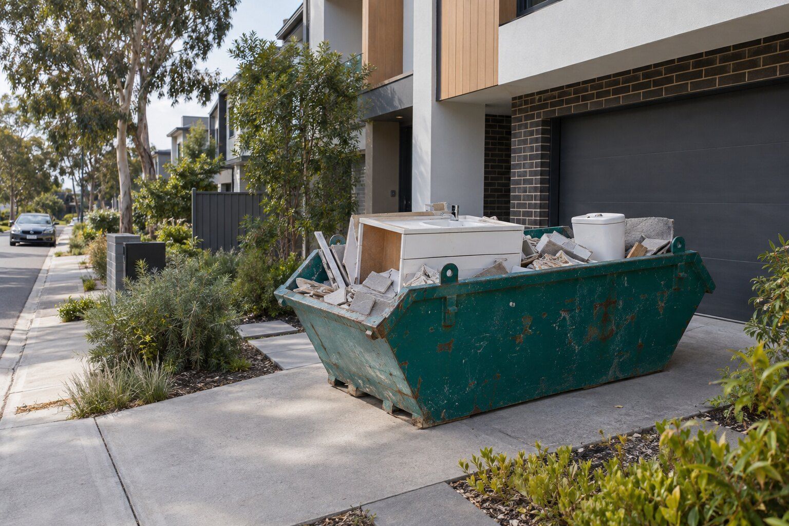 Mini skip hire, Box Hill: a teal 2 m³ mini skip on a townhouse driveway holding an old vanity and broken tiles