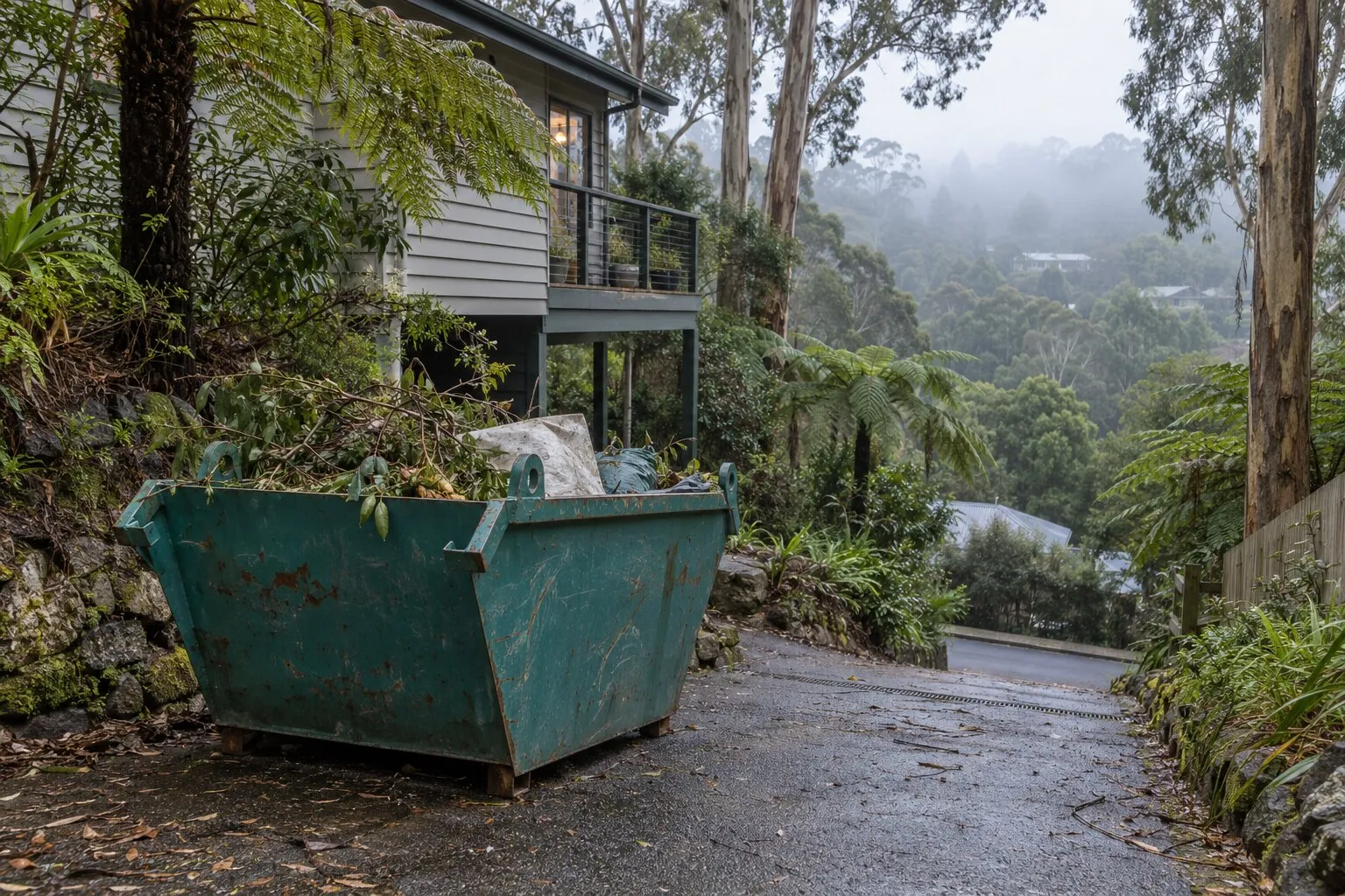 Mini skip hire, Dandenong Ranges: a teal mini skip at the top of a steep driveway among mountain ash and tree ferns