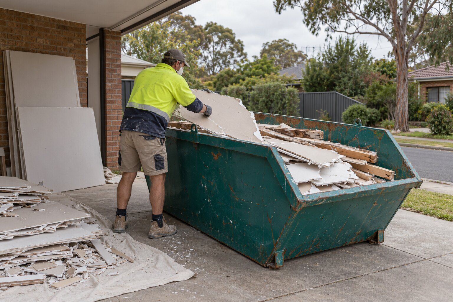 Plasterboard disposal, Melbourne's east: a tradesperson lowering broken plasterboard into a teal skip beside a carport