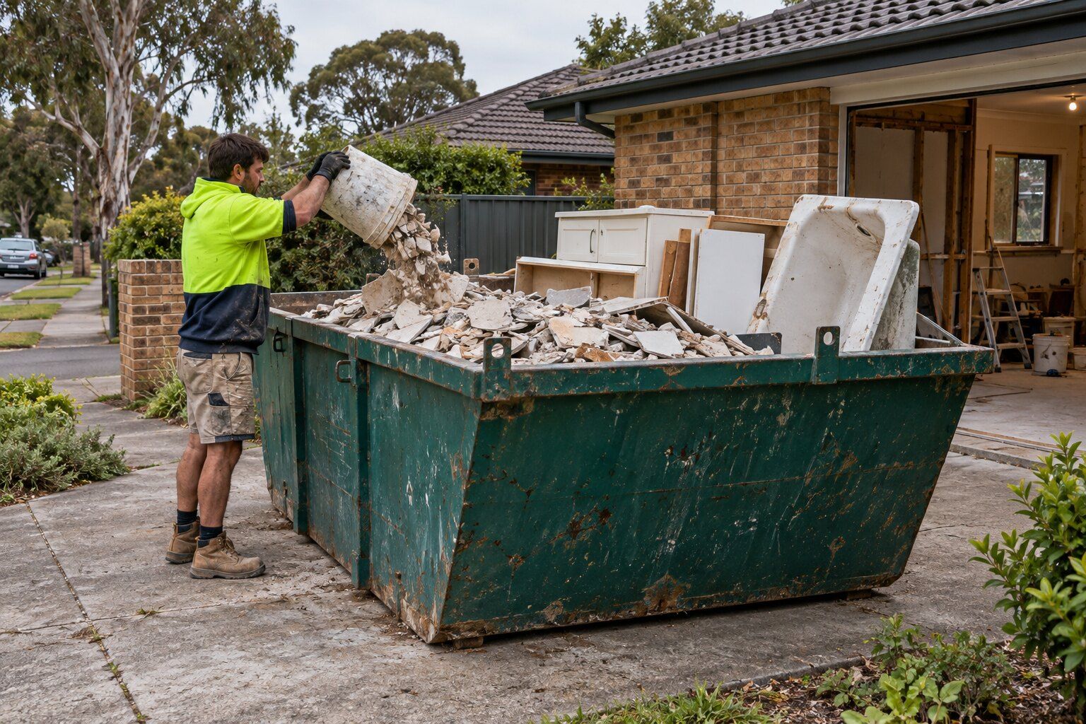 Renovation skip size: a tradesperson tipping tile rubble into a teal skip holding an old bath, a vanity and cabinet doors