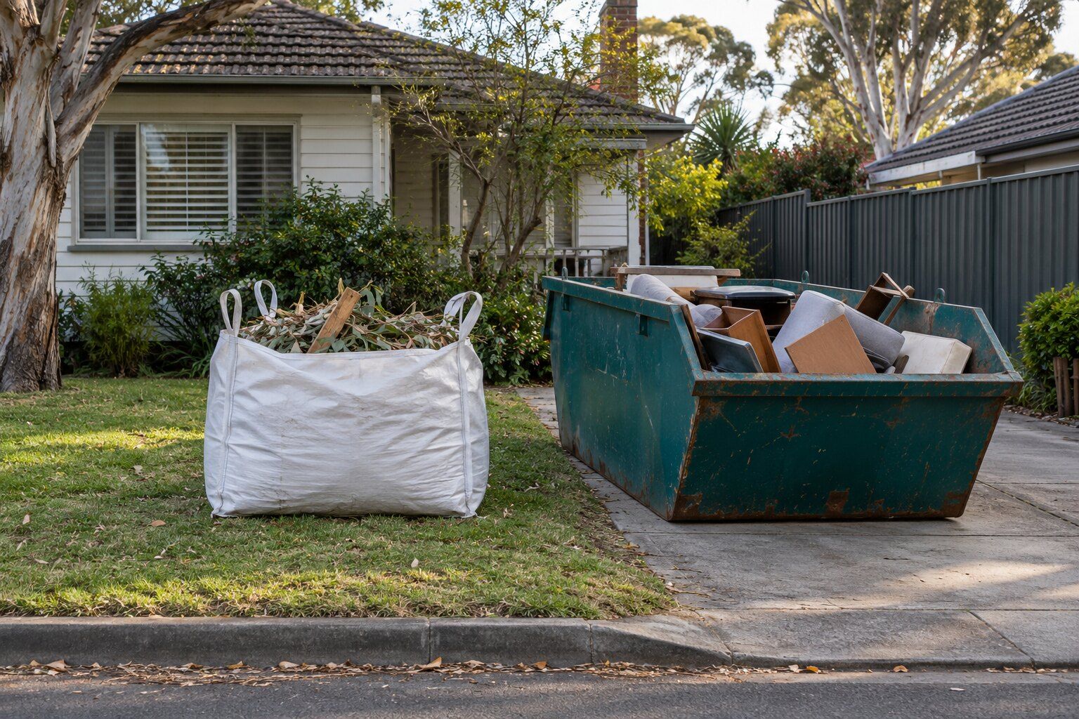 Skip bag vs skip bin: a white bulk bag of prunings on a front lawn beside a teal mini skip on the driveway