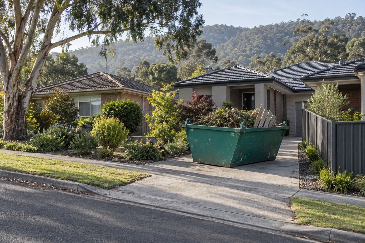 Skip bin hire, Boronia: a teal skip of branches and fence palings on the driveway of a post-war house beside new units, treed foothills behind