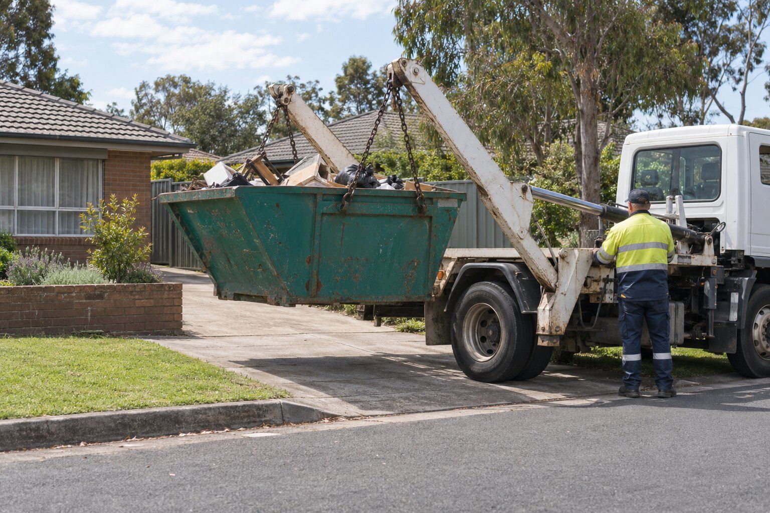Skip bin hire cost, Bayswater: a skip truck lifting a full teal skip off a brick-veneer house's driveway