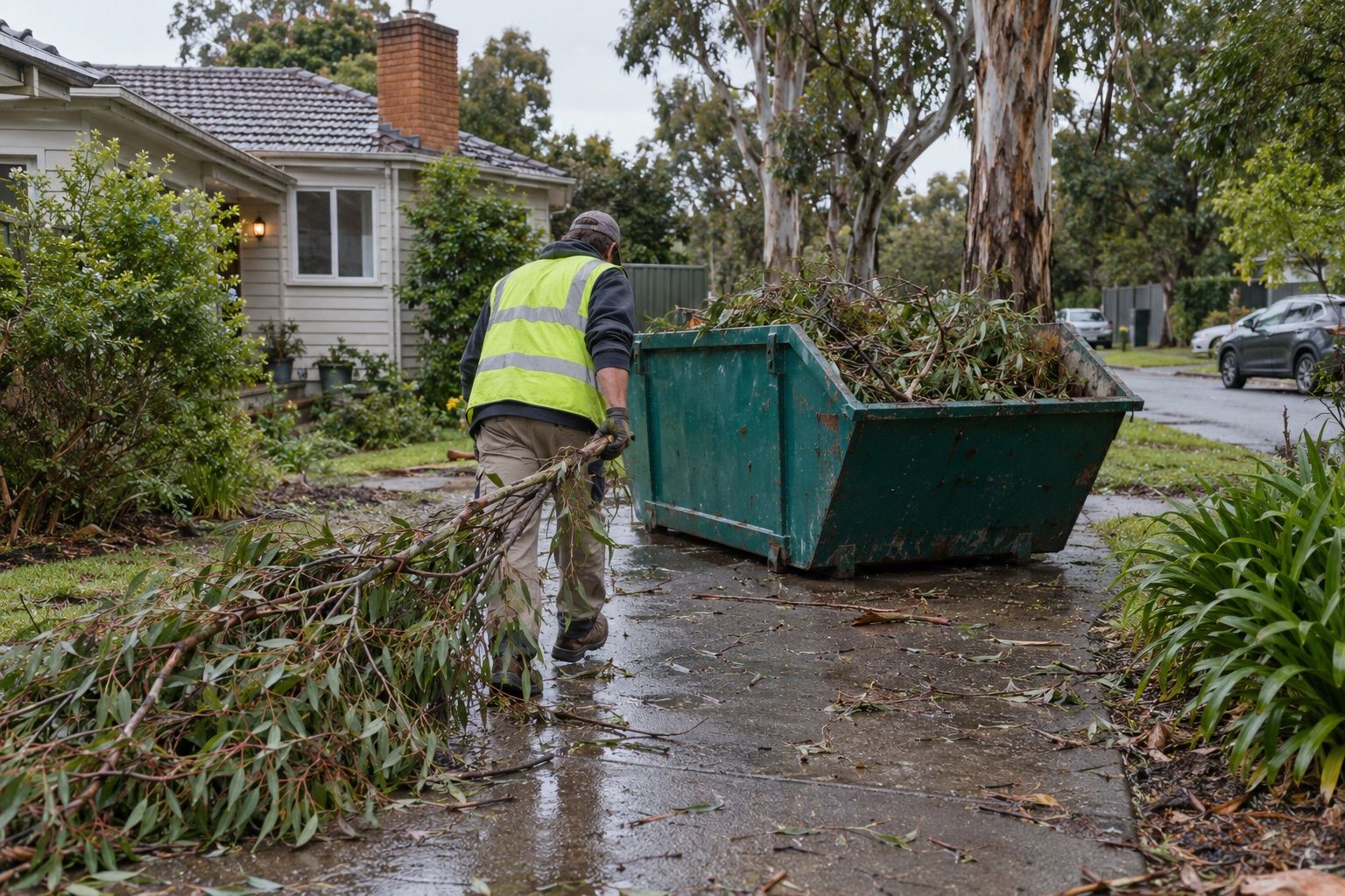 Skip bin hire, Croydon: a person in hi-vis loading storm-fallen branches into a teal skip on a weatherboard house's driveway, under tall trees