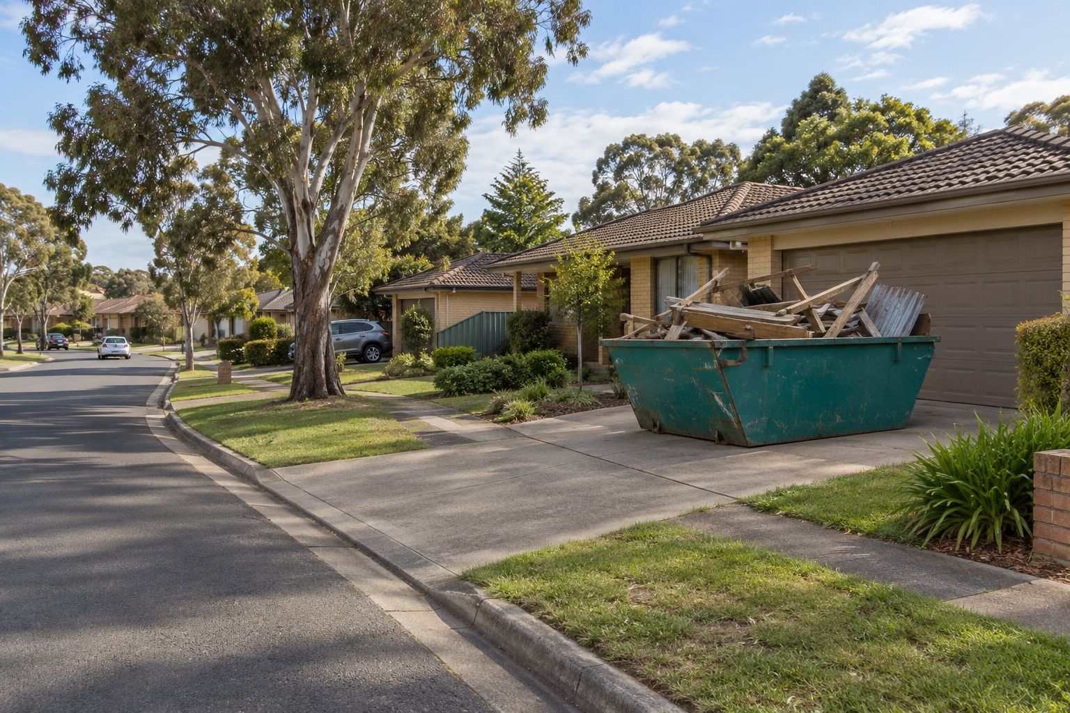Skip bin hire, Mulgrave: a teal skip of old pergola timber, decking and shed sheeting on the driveway of a 1970s brick-veneer house