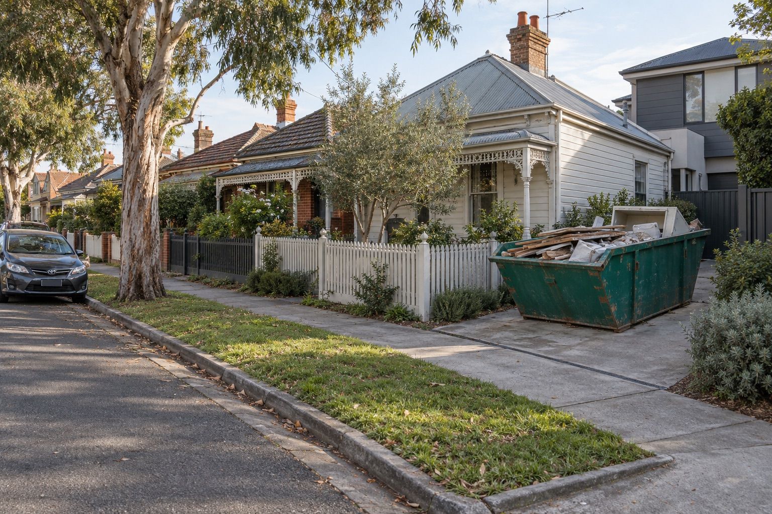 Skip bin hire, Oakleigh: a teal skip of old floorboards and bagged plaster beside an Edwardian weatherboard house with a verandah