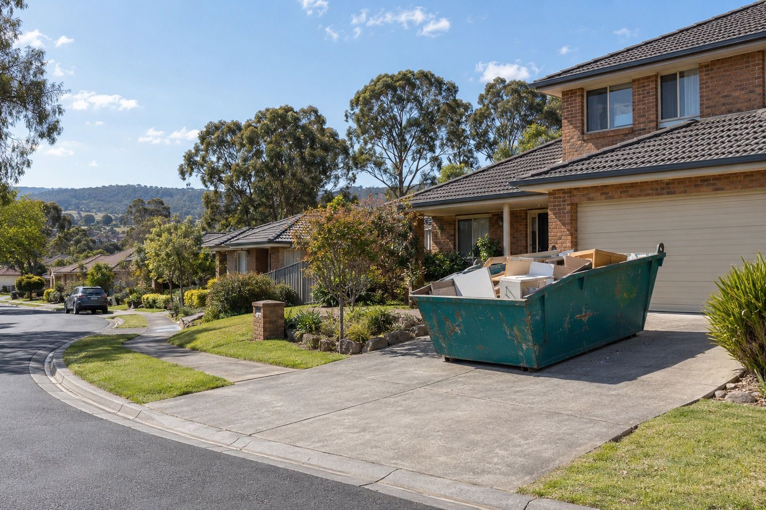 Skip bin hire, Rowville: a large teal skip of old cabinetry and timber on the wide driveway of a double-storey brick house in a court