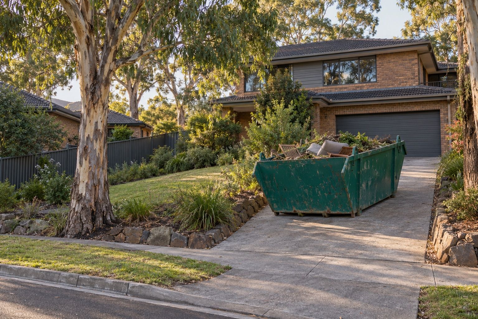 Skip bin hire, Templestowe: a large teal skip of branches and old outdoor furniture on the sloping driveway of a brick home among gums