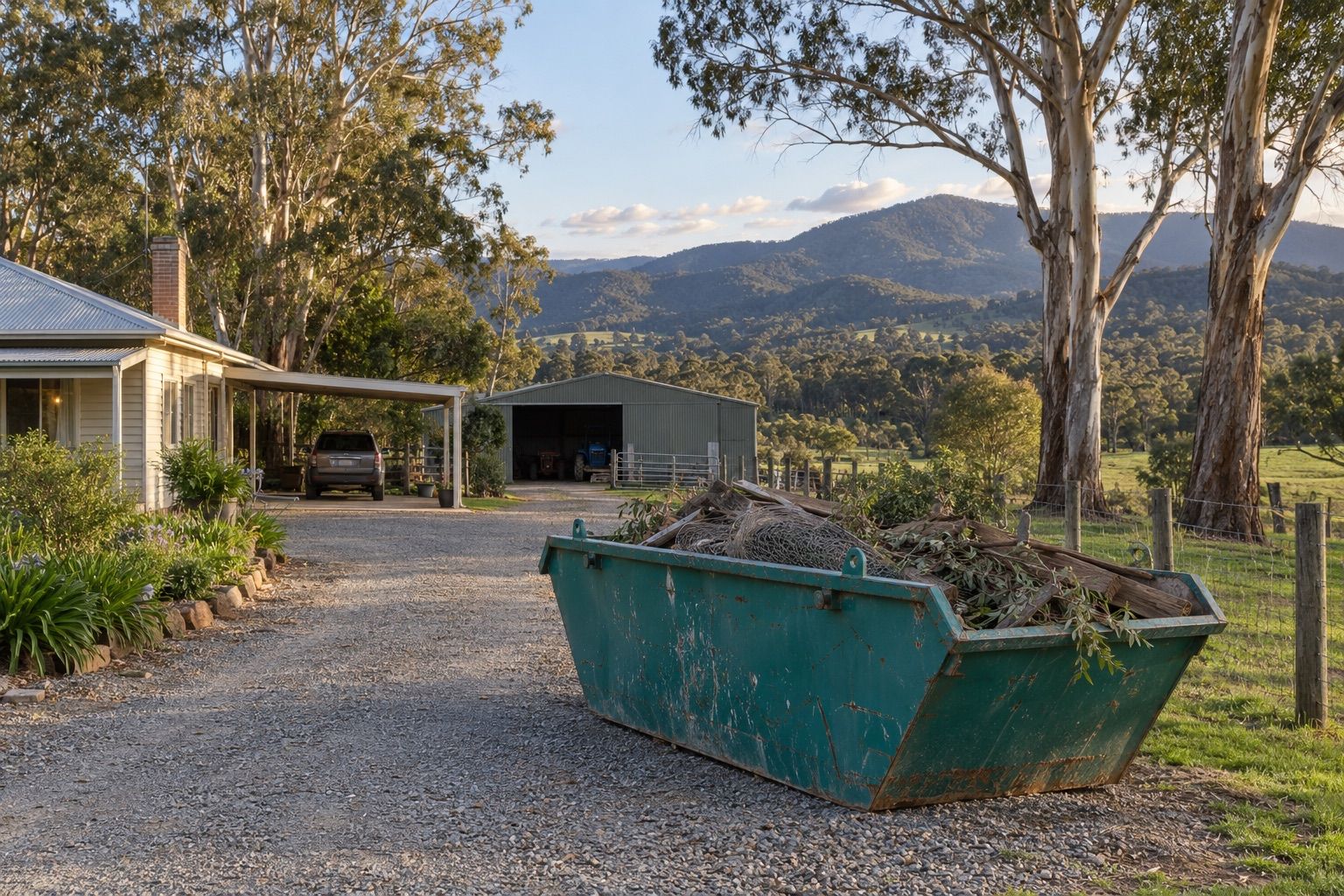 Skip bin hire, Yarra Valley: a teal skip of old fencing, timber and prunings on the gravel drive of a weatherboard country house, ranges behind