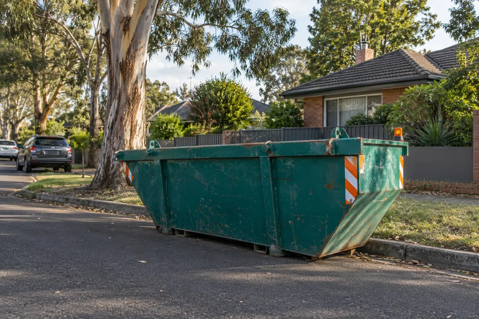 Skip bin permit, Melbourne's east: a teal skip on the road with reflective hazard markers