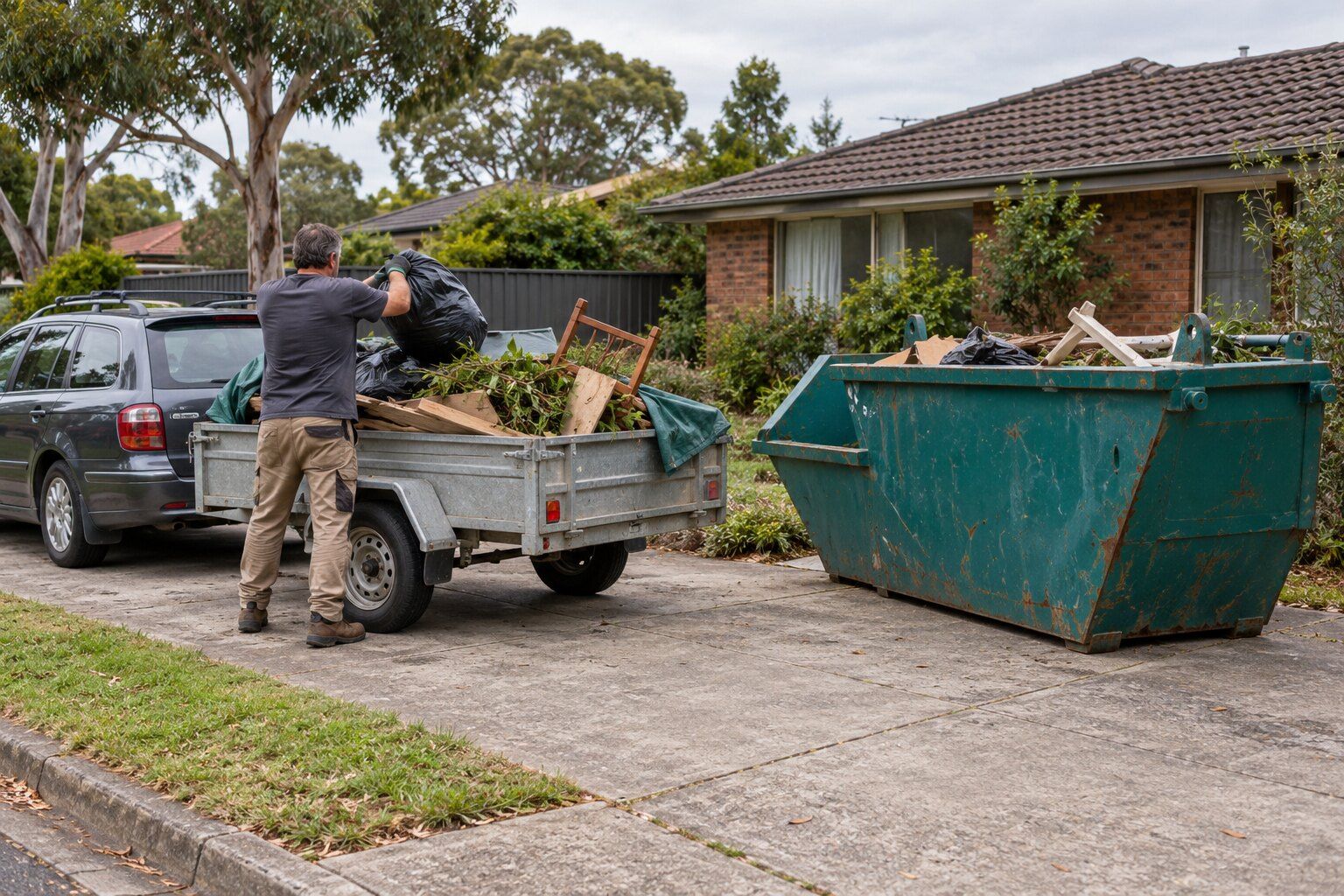 Skip bin or tip run: a person loading a box trailer hitched to a station wagon beside a teal skip on a driveway