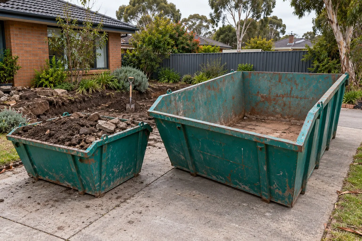 Skip bin weight limits: a small teal skip filled level with clay soil and broken concrete beside a much larger empty skip