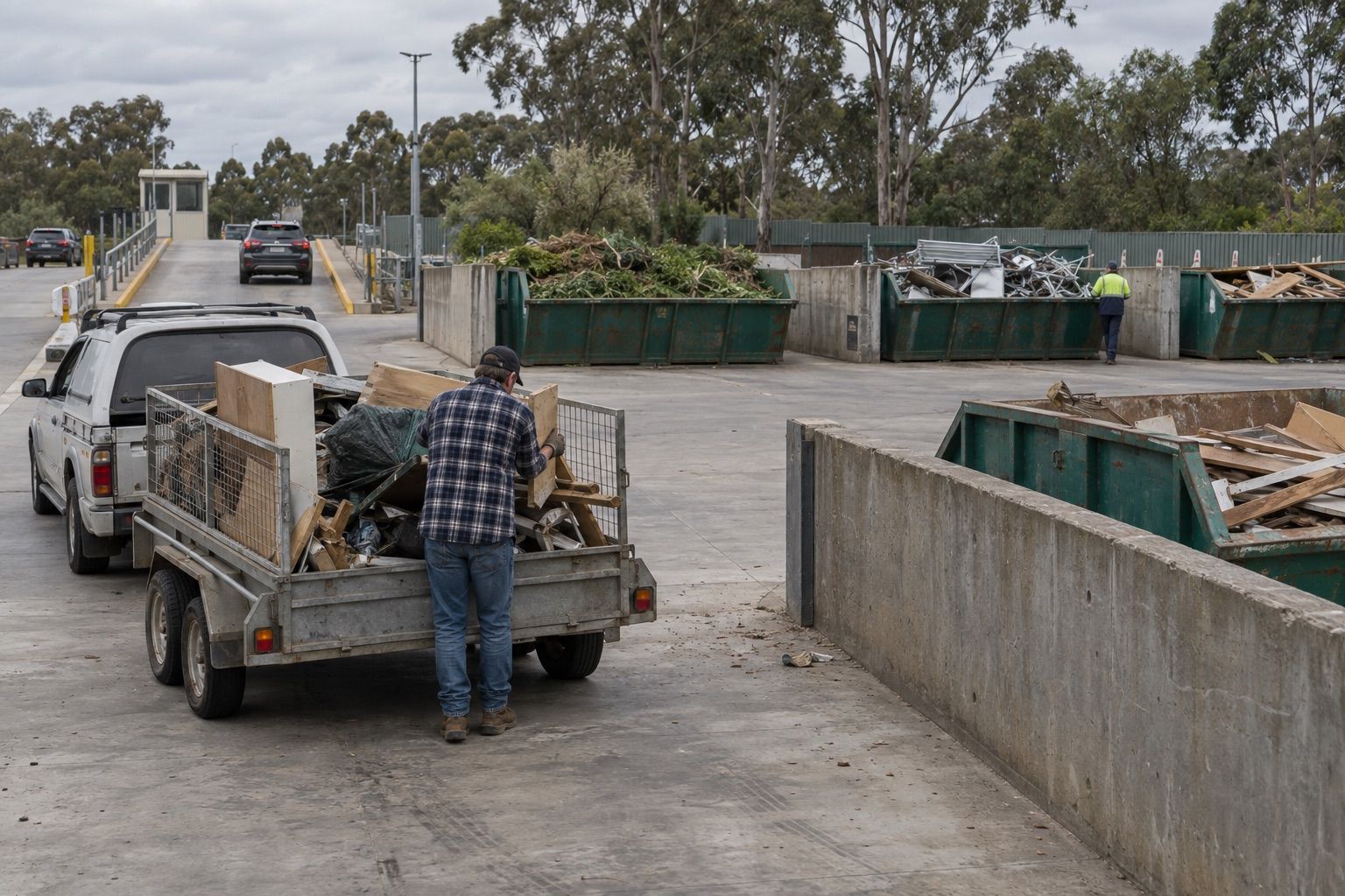 Tips and transfer stations, Melbourne's east: a ute and trailer unloading at a drop-off bay, sorted bays of green waste and metal beyond