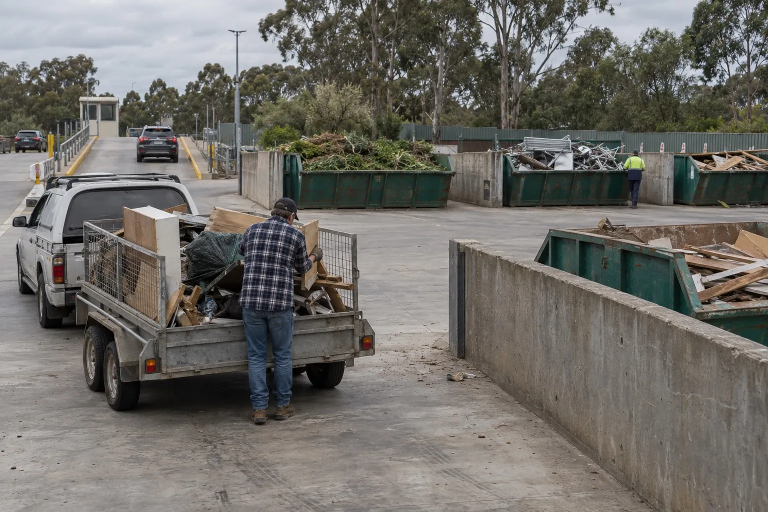 Tips and transfer stations: a ute and trailer unloading at a drop-off bay, bins of green waste, scrap metal and timber beyond