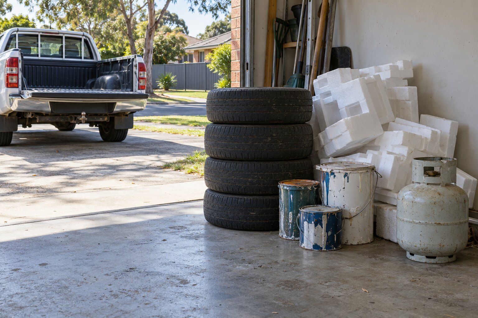Tyre, paint and gas bottle disposal: stacked car tyres, used paint tins, a gas bottle and polystyrene set aside in a garage
