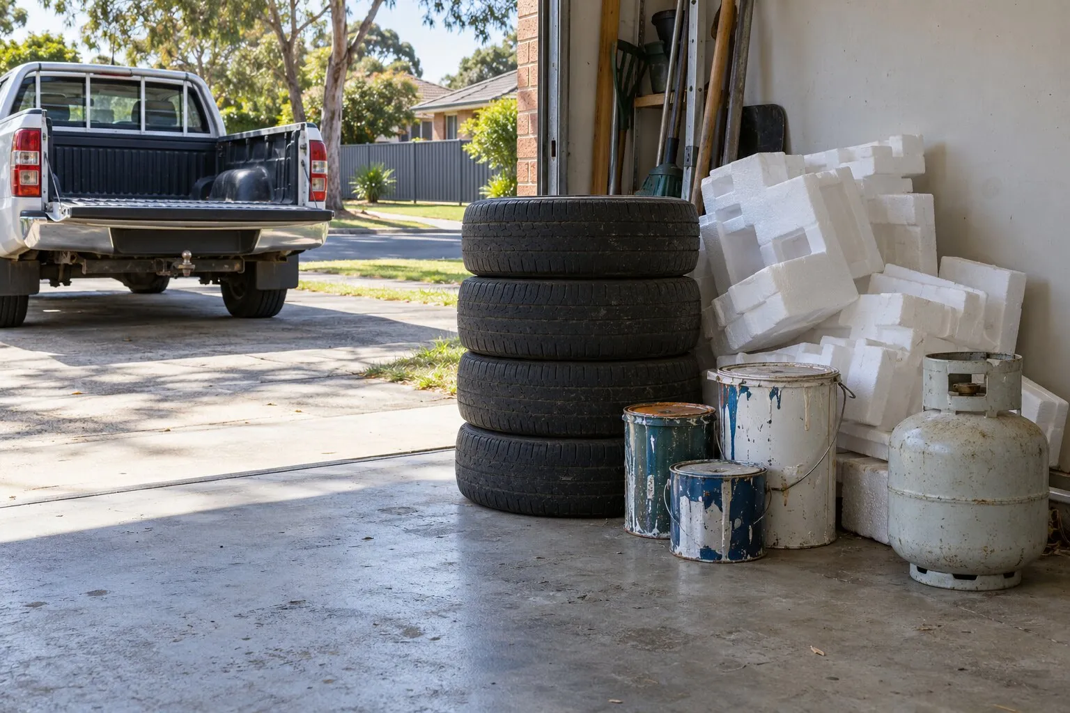 Tyre, paint and gas bottle disposal: stacked car tyres, used paint tins, a gas bottle and polystyrene set aside in a garage