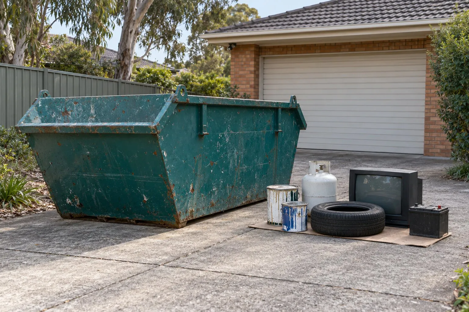 What can go in a skip bin: paint tins, a gas bottle, a tyre and an old TV set aside beside a skip